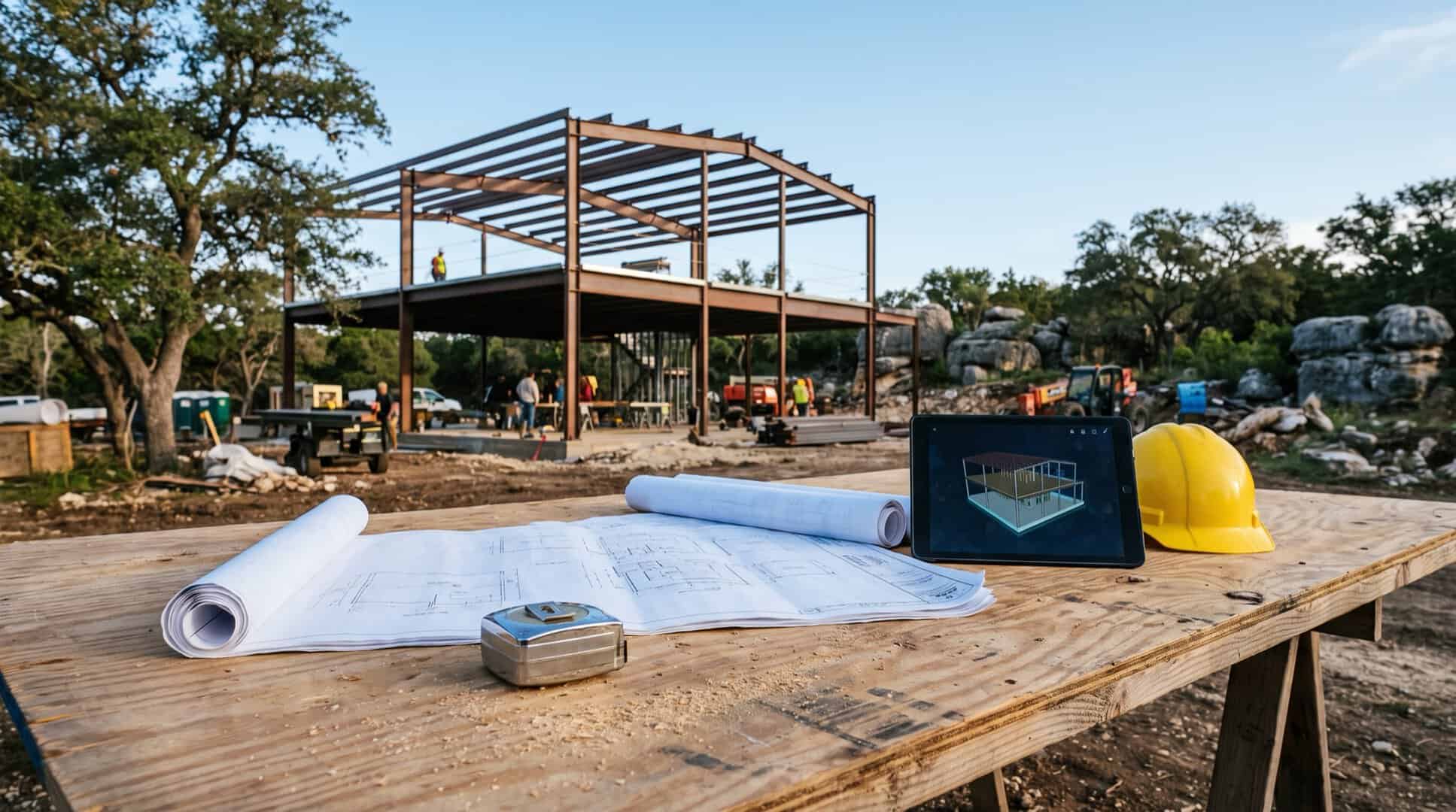 Construction drawings and a tablet with a 3D building model on a jobsite plan table in front of a steel-frame commercial building