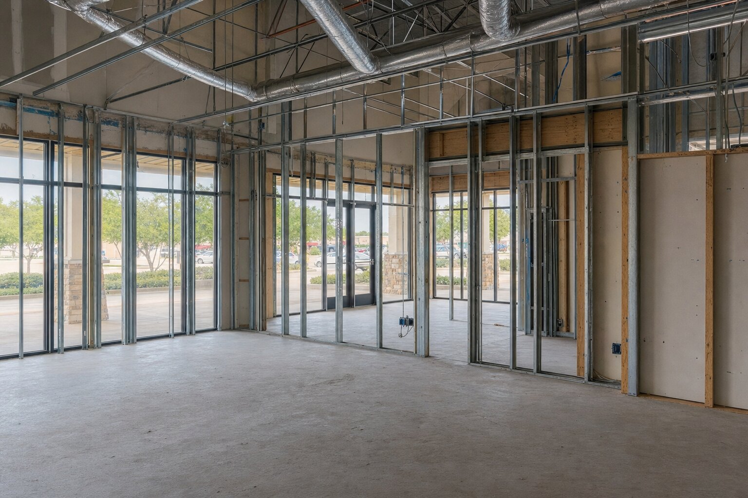 Interior of a commercial tenant finish-out under construction with steel stud framing and exposed ductwork