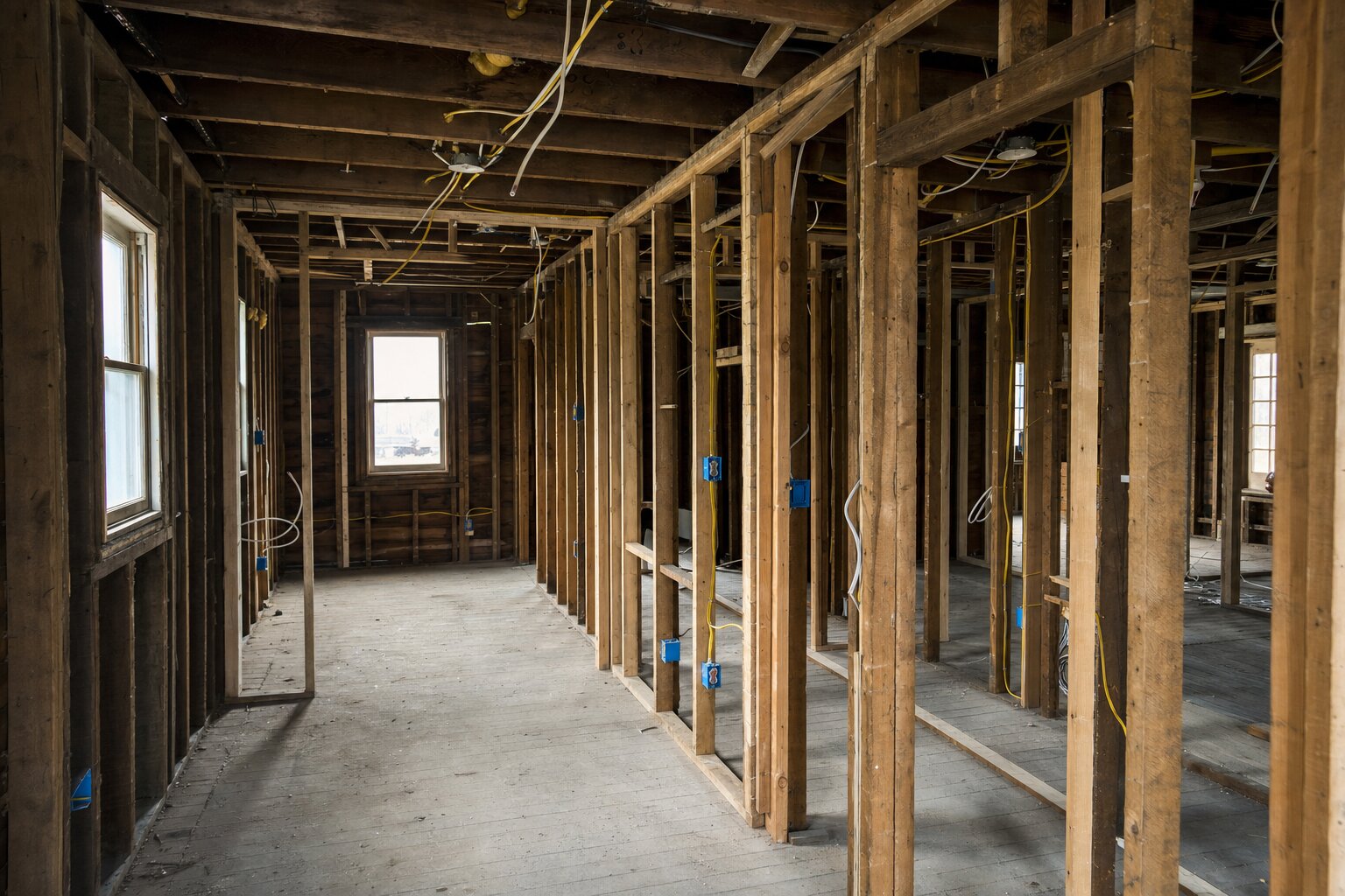 Older home gutted to the studs during a whole-home renovation with exposed framing and new wiring