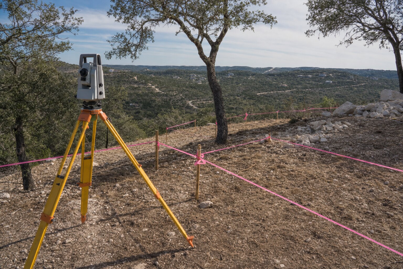 Robotic total station and survey stakes marking a building pad on a steep Texas Hill Country lot