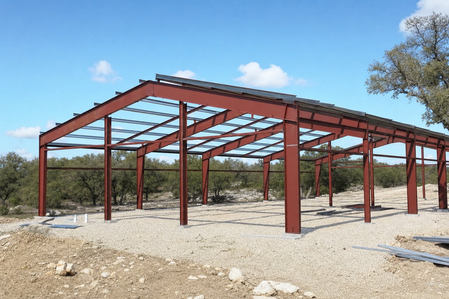 Pre-engineered steel building frame under construction on a Central Texas Hill Country site