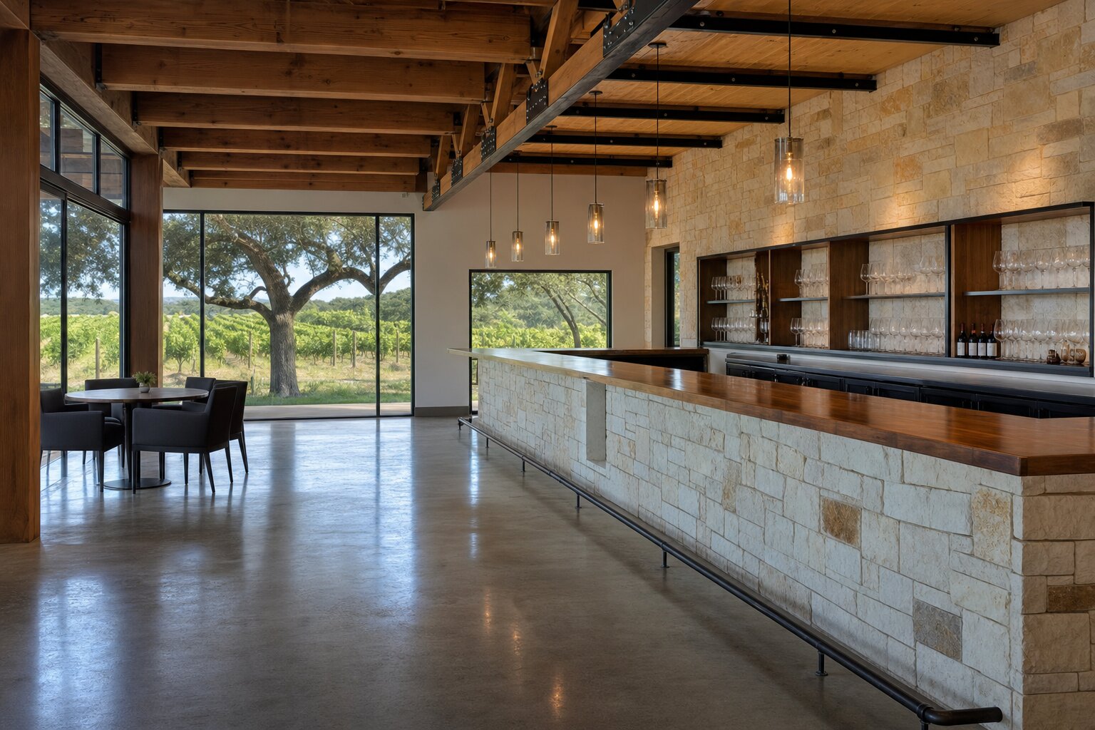 Modern Texas Hill Country winery tasting room interior with a wood-and-stone bar and a view to the vineyard