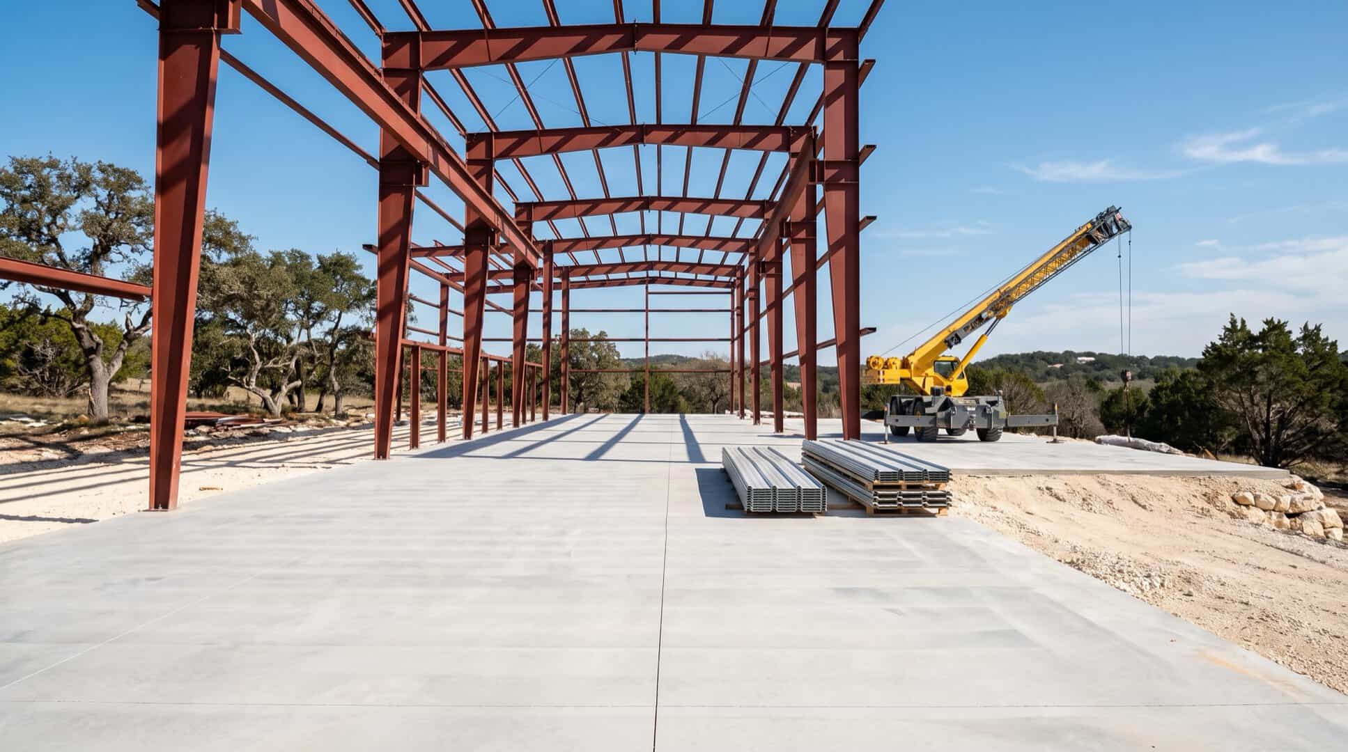 Pre-engineered steel warehouse frame on a new concrete slab with saw-cut joints on a limestone Hill Country site