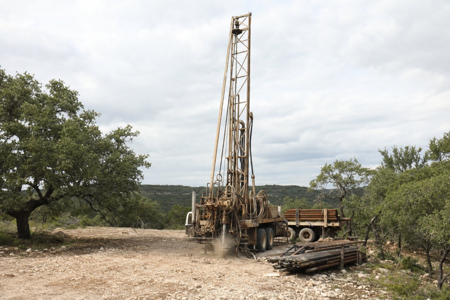 Water well drilling rig on a rural Texas Hill Country lot with limestone ground and oak trees