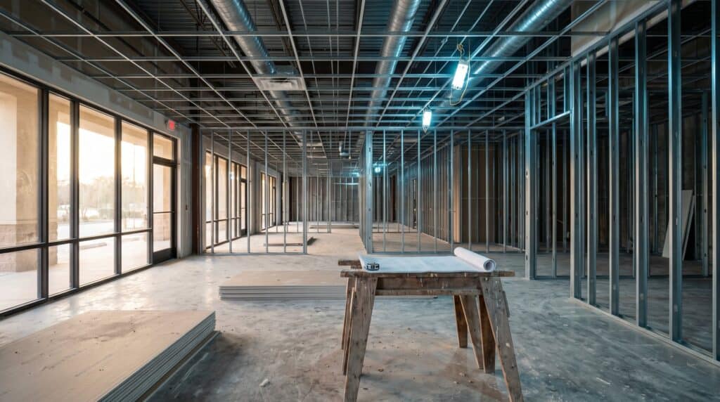 Commercial office suite mid finish-out with steel stud walls, open ceiling ductwork and rolled plans on a sawhorse